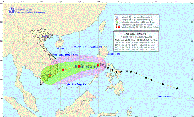 Tin bão gần bờ (Cơn bão số 5) lúc 15h00 ngày 11/12/2014: Vị trí tâm bão cách Khánh Hòa-Ninh thuận 320 km về phía Đông, sức gió mạnh nhất vùng gần tâm bão mạnh cấp 8, giật cấp 9, cấp 10.