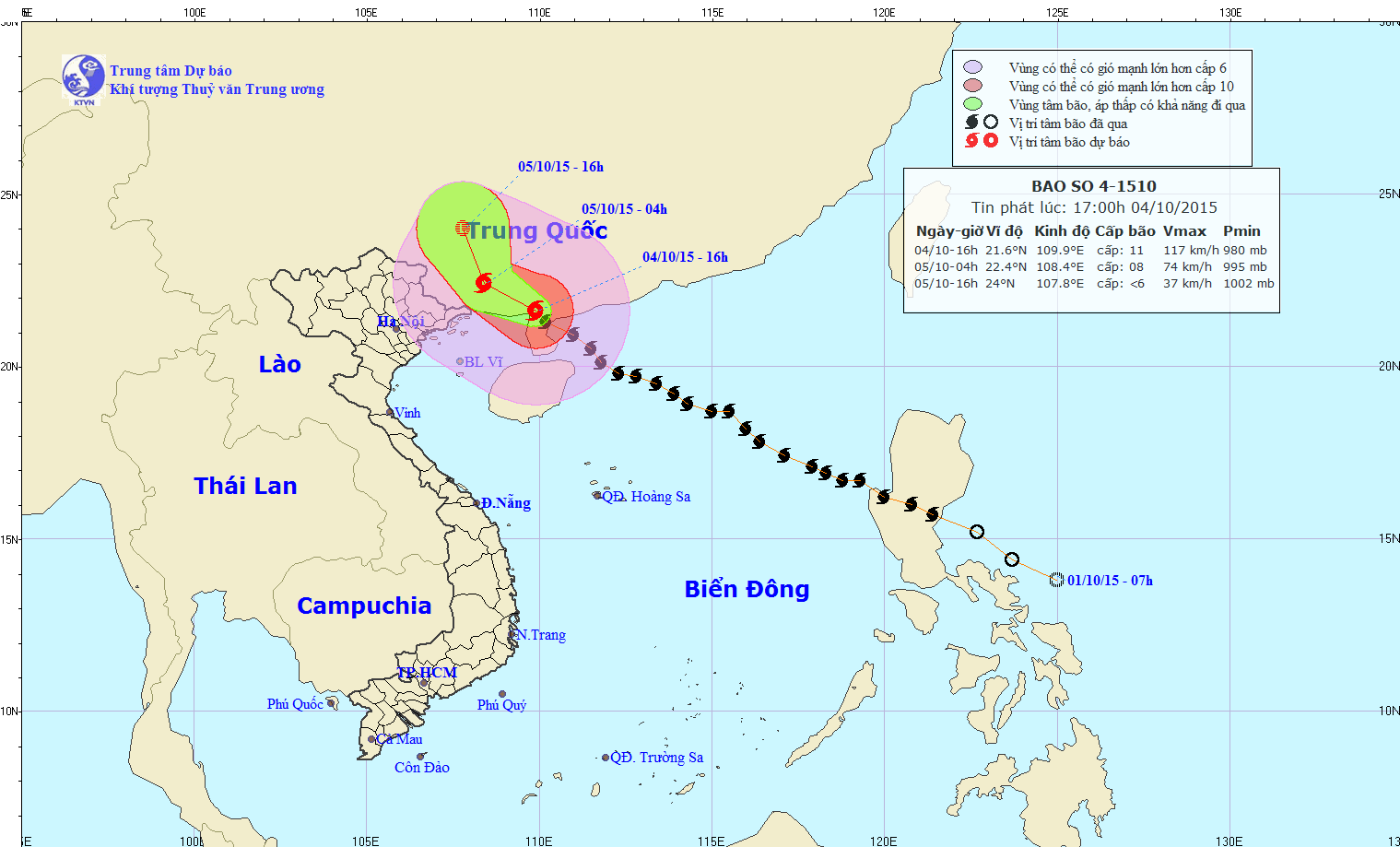 Tin bão trên biển Đông (cơn bão số 4) lúc 18h00 ngày 04/10/2015