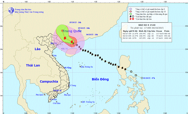 Tin bão trên biển Đông (cơn bão số 4) lúc 18h00 ngày 04/10/2015