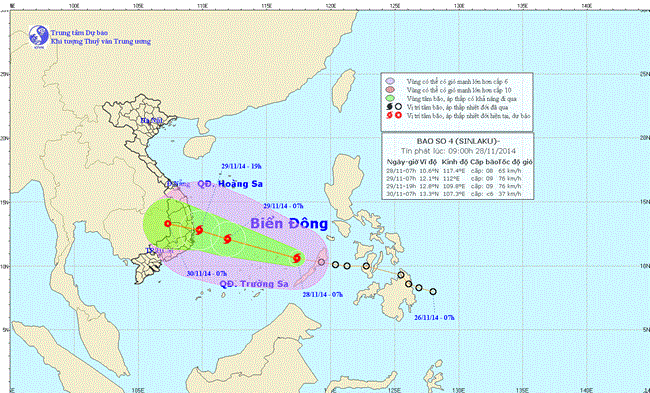 Tin bão trên biển Đông (Cơn bão số 4) lúc 09h15 ngày 28/11/2014