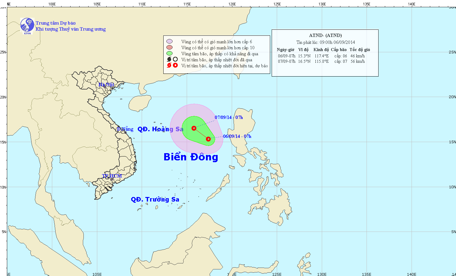 Áp thấp nhiệt đới trên biển Đông lúc 05h00 ngày 07/9/2014