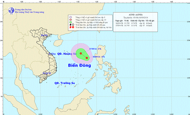 Áp thấp nhiệt đới trên biển Đông lúc 05h00 ngày 07/9/2014