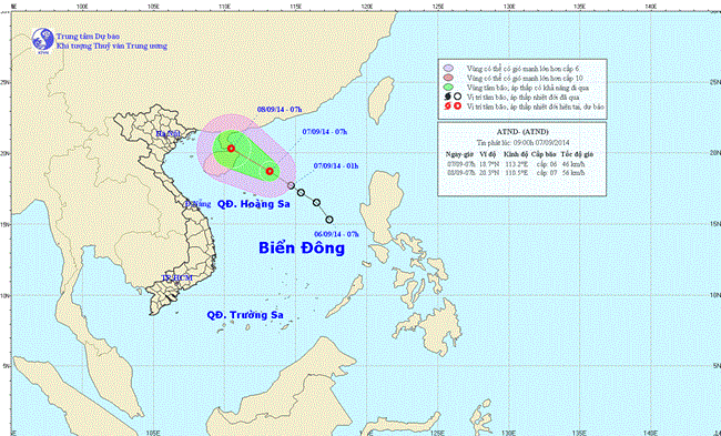 Tin áp thấp nhiệt đới trên biển Đông lúc 09h00 ngày 07/9/2014 