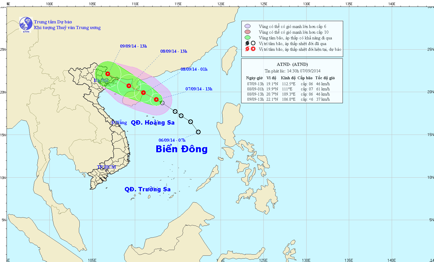 Tin áp thấp nhiệt đới trên biển Đông lúc 15h00 ngày 07/9/2014
