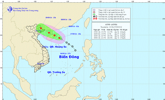 Tin áp thấp nhiệt đới trên biển Đông lúc 15h00 ngày 07/9/2014