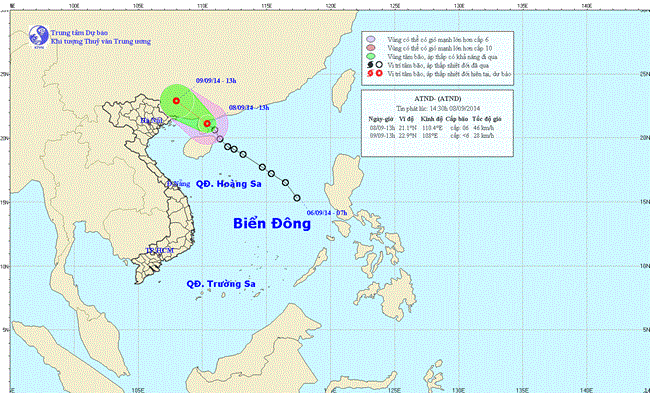 Tin áp thấp nhiệt đới trên biển đông lúc 15h00 ngày 08/9/2014