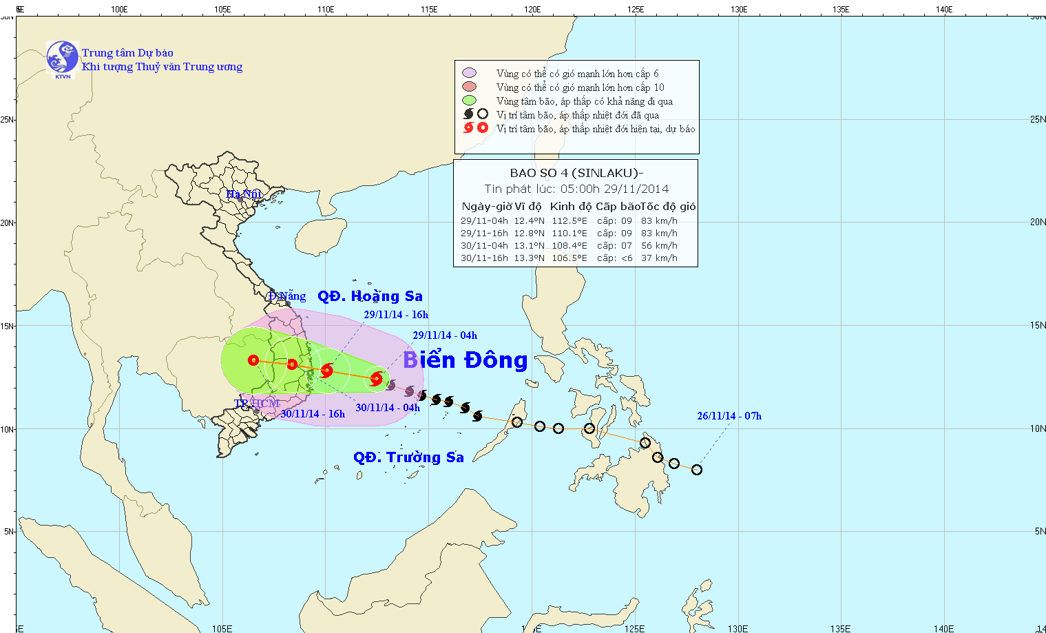 Tin bão khẩn cấp, cơn bão số 4 lúc 05h00 ngày 29/11/2014