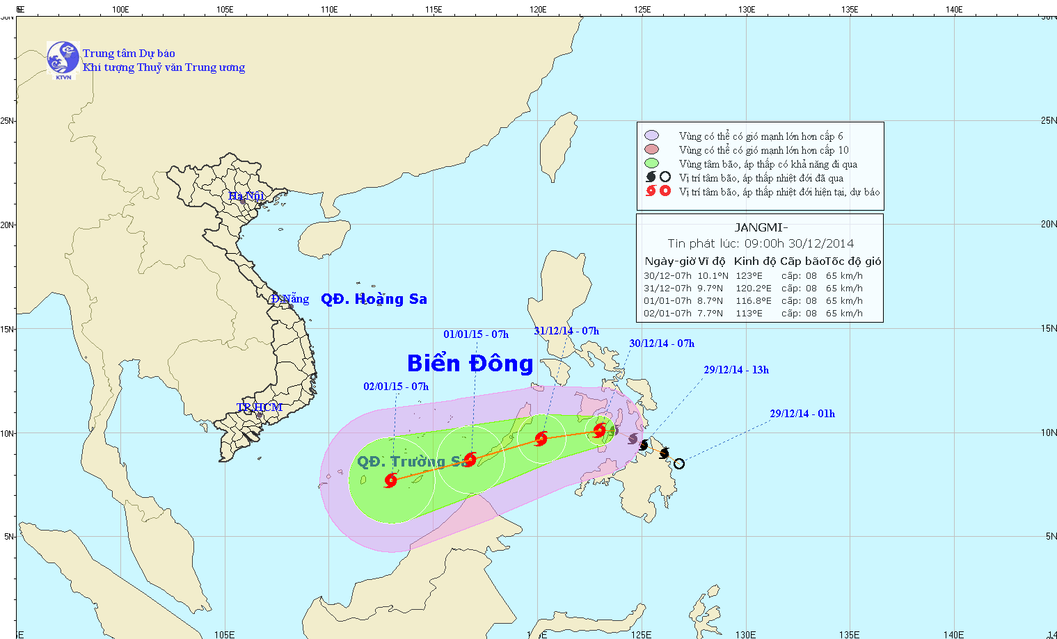 Tin bão gần Biển Đông lúc 15h00 ngày 30/12/2014: Sức gió mạnh nhất ở vùng gần tâm bão mạnh cấp 8, giật cấp 9-10 