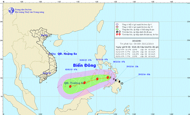 Tin bão gần Biển Đông lúc 15h00 ngày 30/12/2014: Sức gió mạnh nhất ở vùng gần tâm bão mạnh cấp 8, giật cấp 9-10 