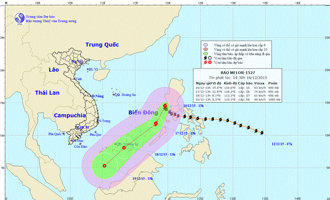 Tin bão trên biển Đông (Cơn bão số 5) lúc 15h00 ngày 16/12/2015.
