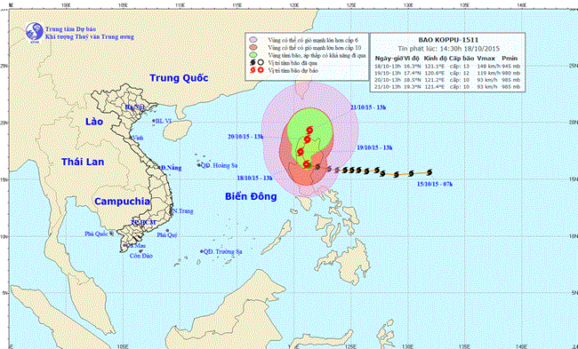 TIN BÃO TRÊN ĐẤT LIỀN PHILIPPIN (Cơn bão Koppu) lúc 16h00 ngày 18/10/2015