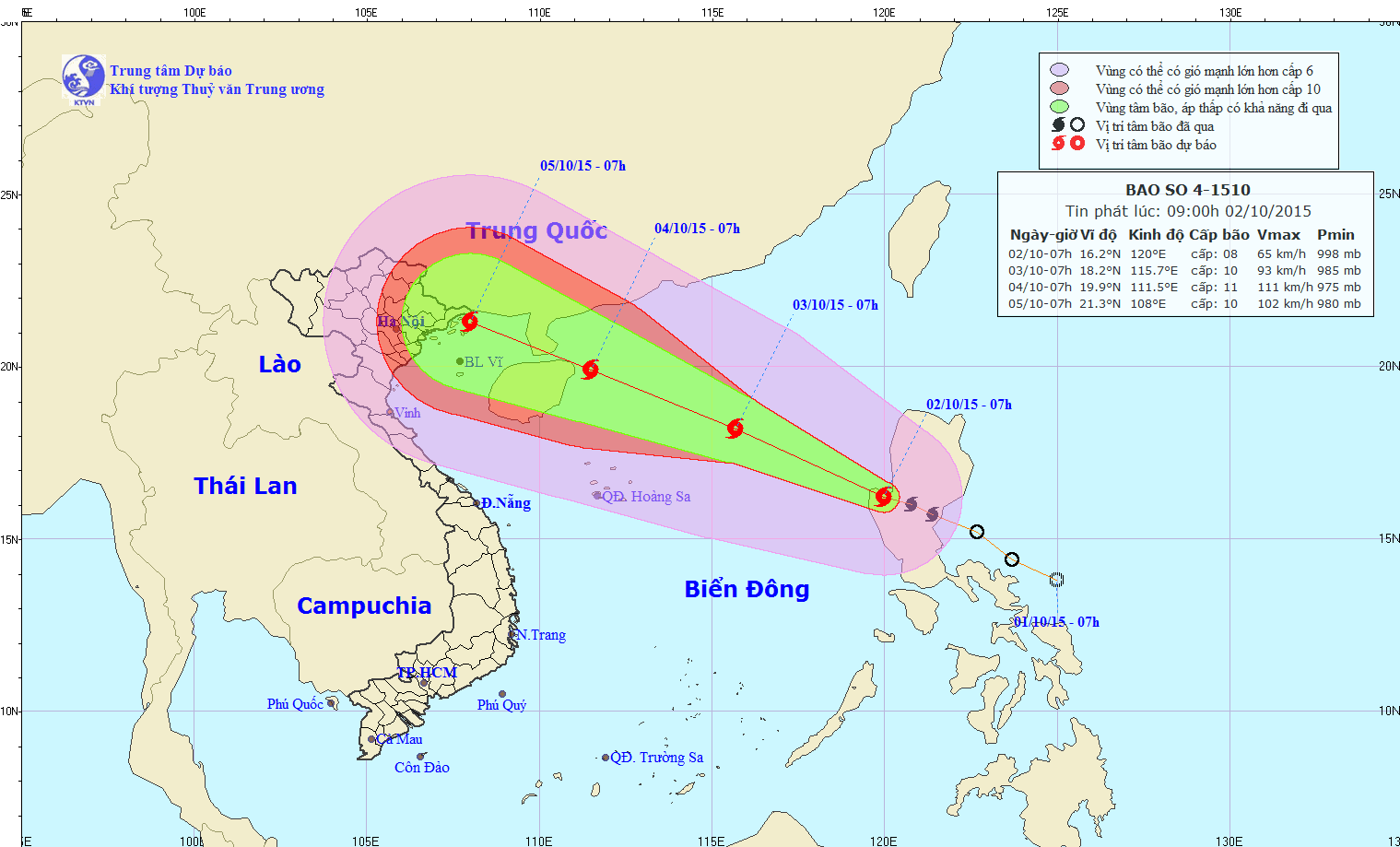 Tin bão trên biển Đông (Cơn bão số 4) lúc 10h00 ngày 02/10/2015