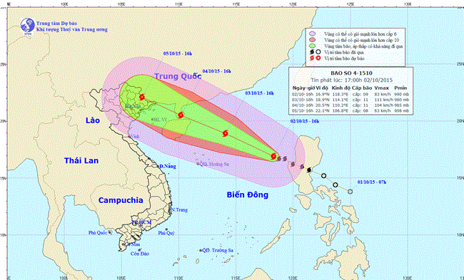 Tin bão trên biển Đông (Cơn bão số 4) lúc 18h00 ngày 02/10/2015