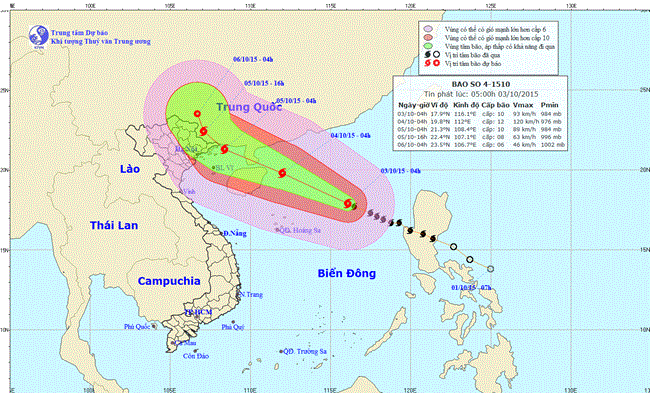 Tin bão trên biển Đông (cơn bão số 4) lúc 07h00 ngày 03/10/2015