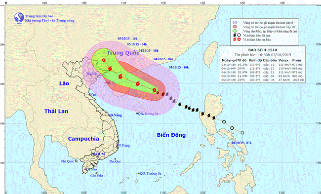 Tin về cơn bão số 4 lúc 18h00 ngày 03/10/2015