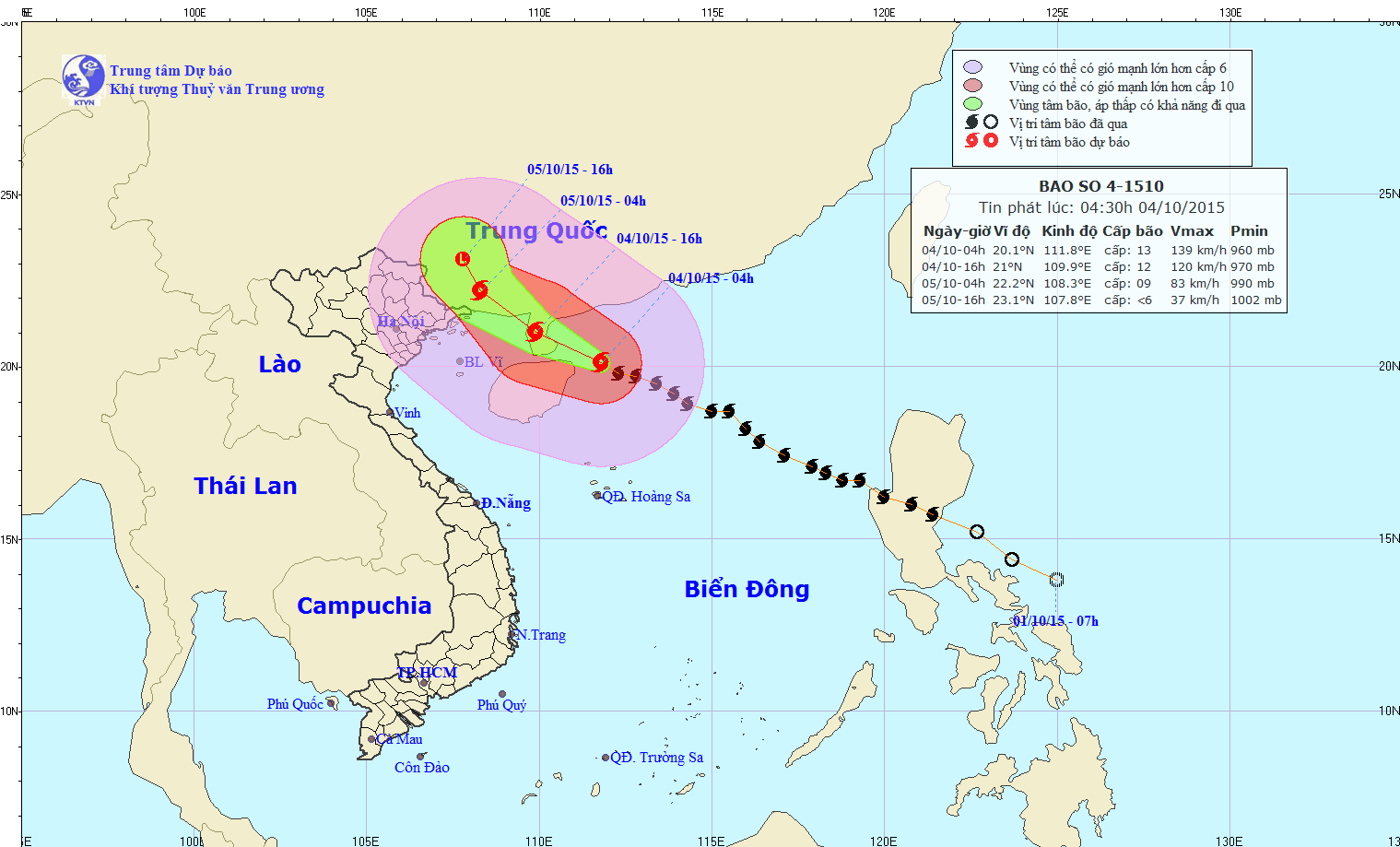 Tin bão trên biển Đông (cơn bão số 4) lúc 05h00 ngày 04/10/2015