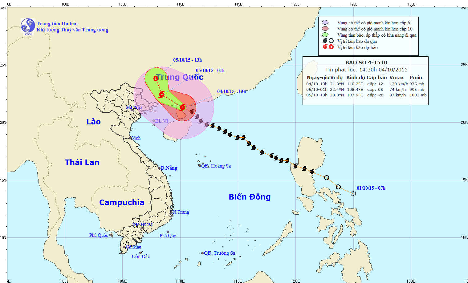 Tin bão trên biển Đông (cơn bão số 4) lúc 15h00 ngày 04/10/2015