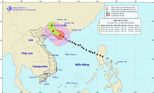 Tin bão trên biển Đông (cơn bão số 4) lúc 15h00 ngày 04/10/2015