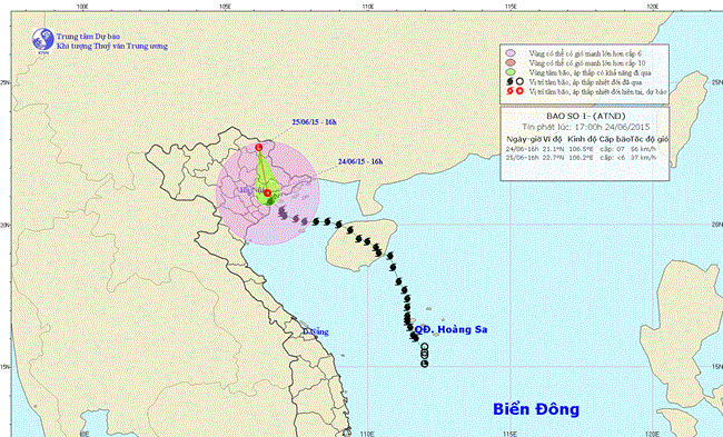 Tin áp thấp nhiệt đới trên đất liền lúc 17h30 ngày 24/6/2015