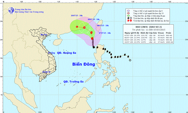 Tin về cơn bão số 2 lúc 12h00 ngày 07/7/2015