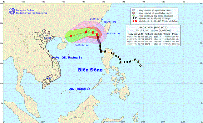 Tin về cơn bão số 2 lúc 21h00 ngày 08/7/2015