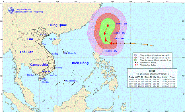 Tin về cơn bão Goni lúc 14h30 ngày 20/8/2015