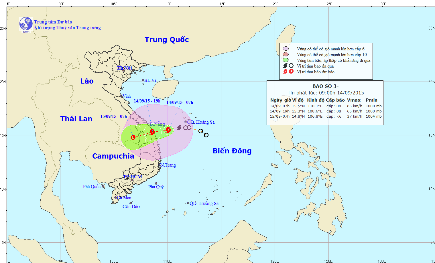 Tin bão khẩn cấp (Cơn bão số 3) lúc 10h00 ngày 14/9/2015