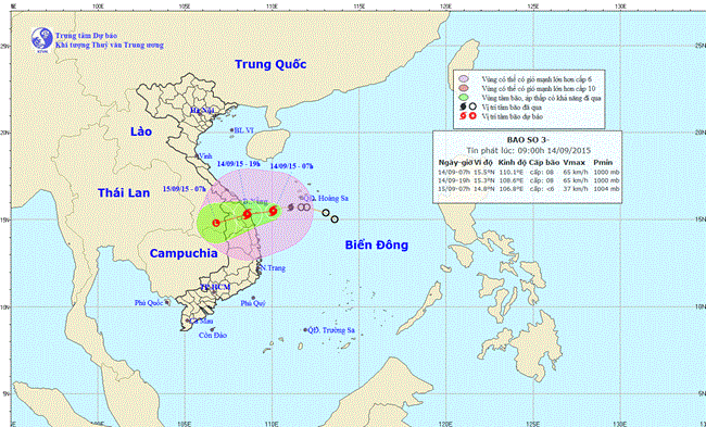 Tin bão khẩn cấp (Cơn bão số 3) lúc 10h00 ngày 14/9/2015