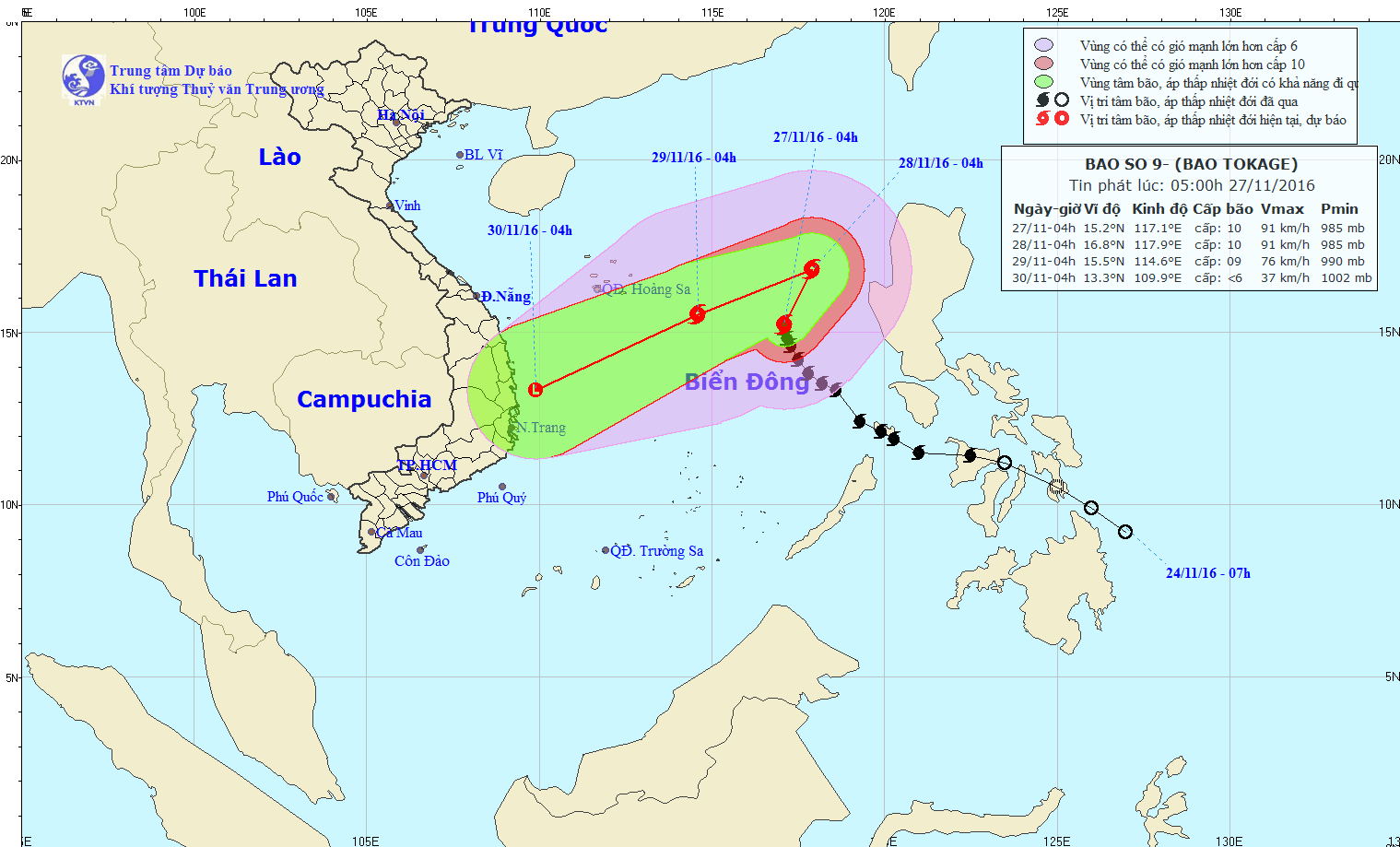 Tin bão trên biển Đông (Cơn bão số 9) lúc 05h00 ngày 27/11/2016