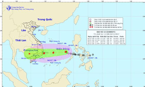 Cơn bão số 12 giật cấp 11 và còn tiếp tục mạnh lên, đang hướng vào các tỉnh Bình Định – Ninh Thuận (Thời sự trưa 2/11/2017)