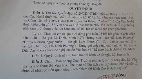 Bộ Văn hóa - Thể thao và Du lịch yêu cầu Cục Nghệ thuật biểu diễn thu hồi lại quyết định tạm dừng lưu hành 5 ca khúc sáng tác trước năm 1975 (Thời sự trưa 15/4/2017)