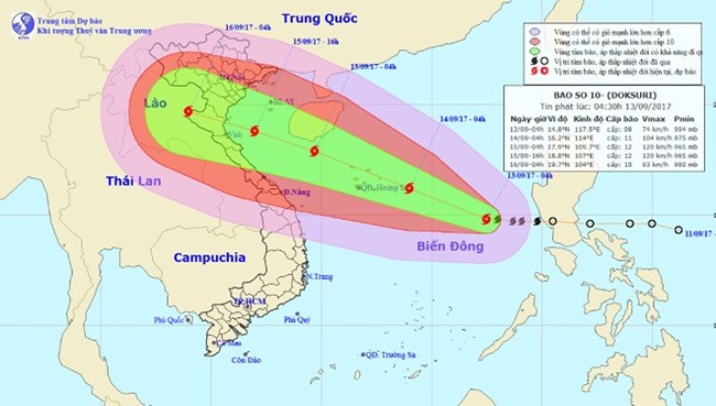 Bão số 10 đang tiếp tục mạnh lên, hướng thẳng vào đất liền nước ta (Thời sự sáng 13/9/2017)