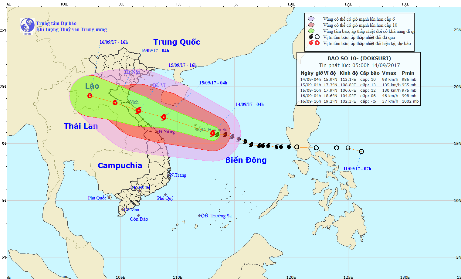 Tin bão khẩn cấp, cơn bão số 10 (06h00 ngày 14/9/2017)
