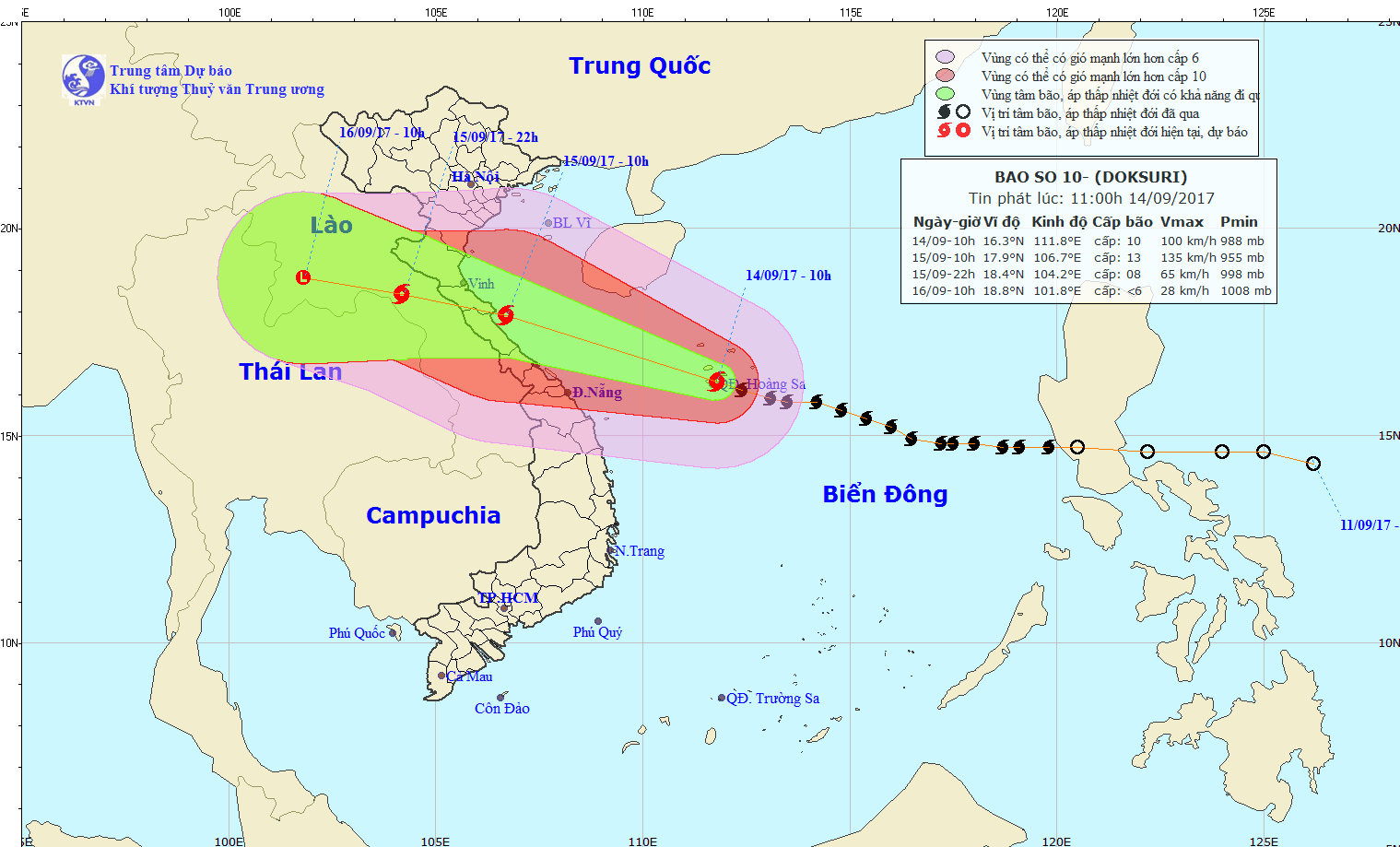 Tin bão khẩn cấp, cơn bão số 10 (12h00 ngày 14/9/2017)
