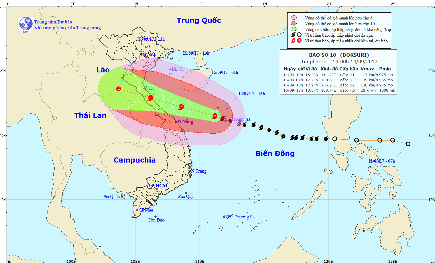Tin bão khẩn cấp, cơn bão số 10 (14h30 ngày 14/9/2017)