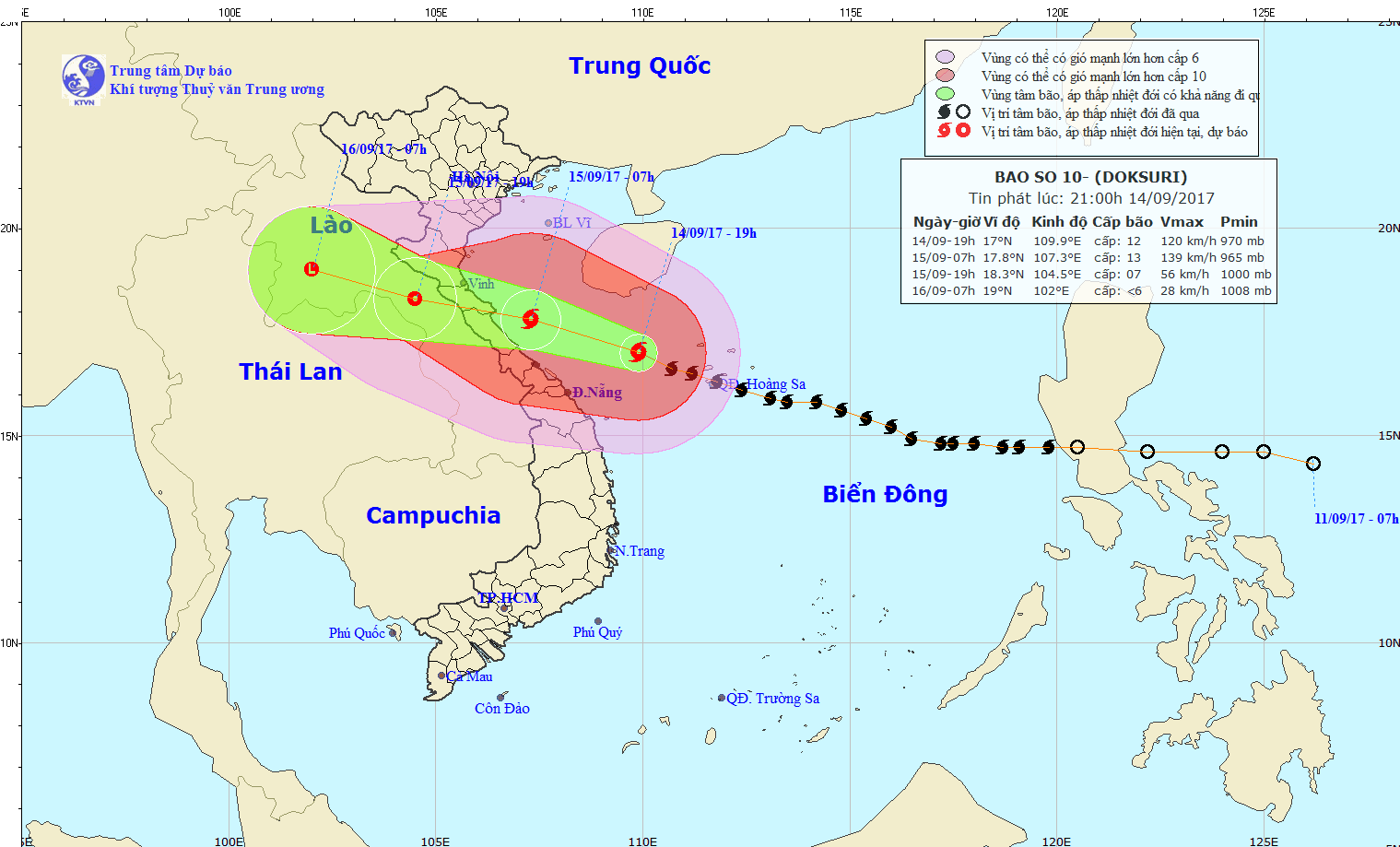 Tin bão khẩn cấp, cơn bão số 10 (21h00 ngày 14/9/2017)