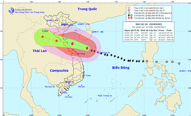 Tin bão khẩn cấp, cơn bão số 10 (21h00 ngày 14/9/2017)