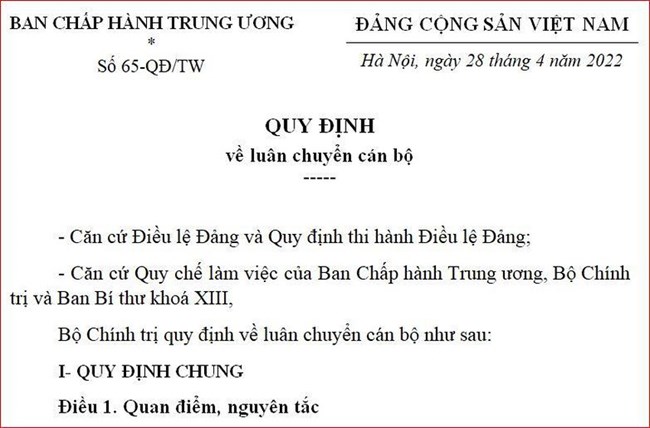 Quy định 65 của Bộ Chính trị về công tác luân chuyển cán bộ (05/05/2022)