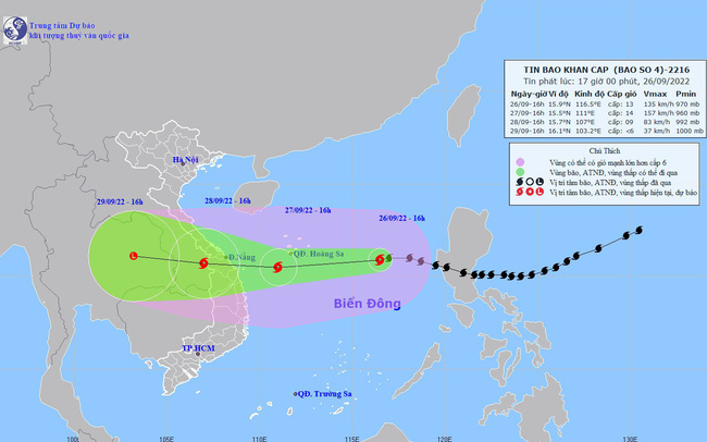 Từ đêm mai (27/09) bão số 4 (Noru) sẽ đổ bộ vào các tỉnh từ Thừa Thiên Huế đến Bình Định (26/9/2022)