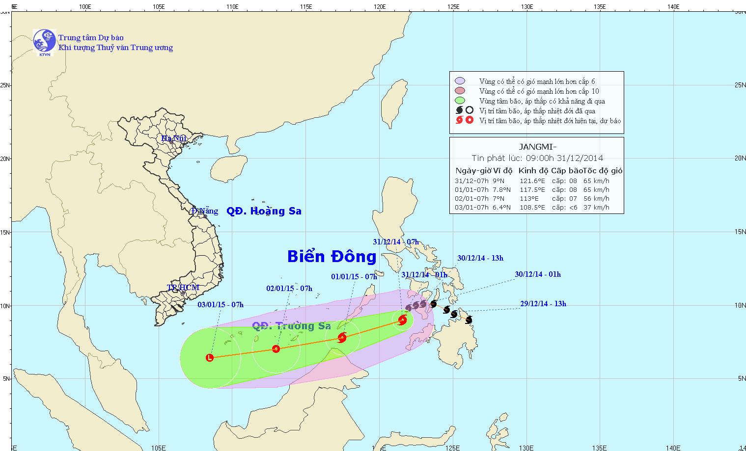 Tin cuối cùng về cơn bão JANGMI lúc 09h00 ngày 01/01/2015