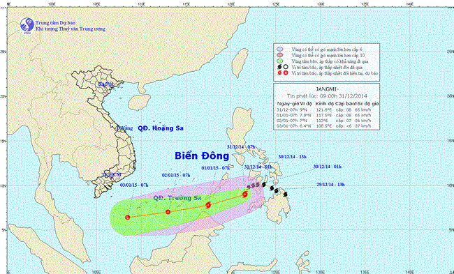 Tin cuối cùng về cơn bão JANGMI lúc 09h00 ngày 01/01/2015